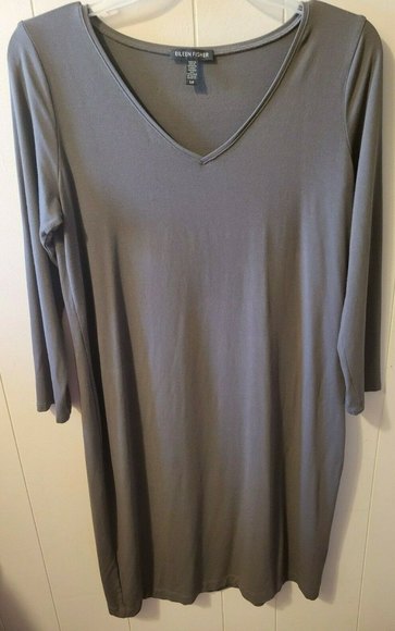 Eileen Fisher Dark Gray V-Neck Long Sleeve Dress Tunic Dress S - Picture 1 of 8